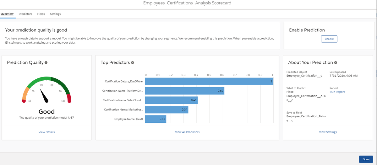Sonali_sfdc1104's tweet photo. It was fun to build & predict Success rate for various types of certifications with #EinsteinPredictionBuilder
Great way to explore the world of #EinsteinAnalytics
@SForceAnalytics #LearnAI #PredictwithEinsteinContest @_rajivpatel_ https://t.co/oEnVo4nKb5