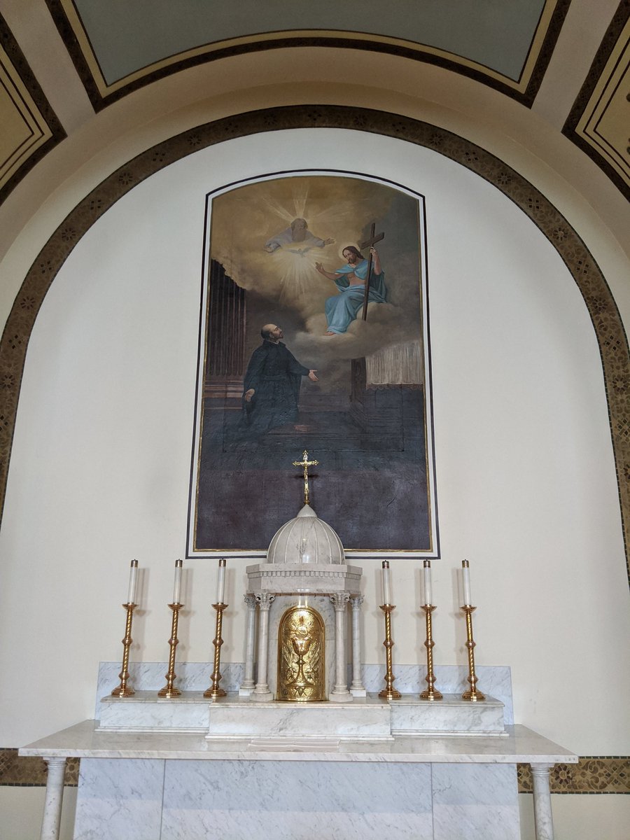 Arrived at St Ignatius at Chapel Point, oldest continually running parish in the United States, founded by Fr Andrew White, SJ. It's where I celebrated my First Mass of Thanksgiving. The painting above the high altar is of the Vision of St Ignatius at La Storta.