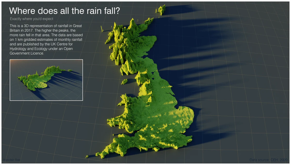 A map showing where the rain falls in Great Britain (data from 2017)