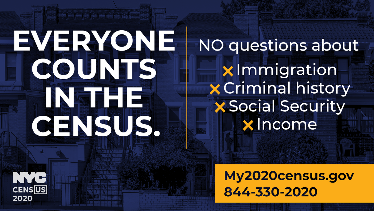 A graphic that says everyone counts in the census, no questions about immigration, criminal history, social security or income. My2020census.gov or 844-330-2020.