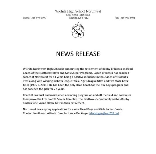 Coach B has been a part of my life since I was in the fourth grade at Dodge Elementary School.  I am just one of hundreds of people he had an impact on during his outstanding career. All of us from the Maize soccer family wish you all the best in your well deserved retirement.