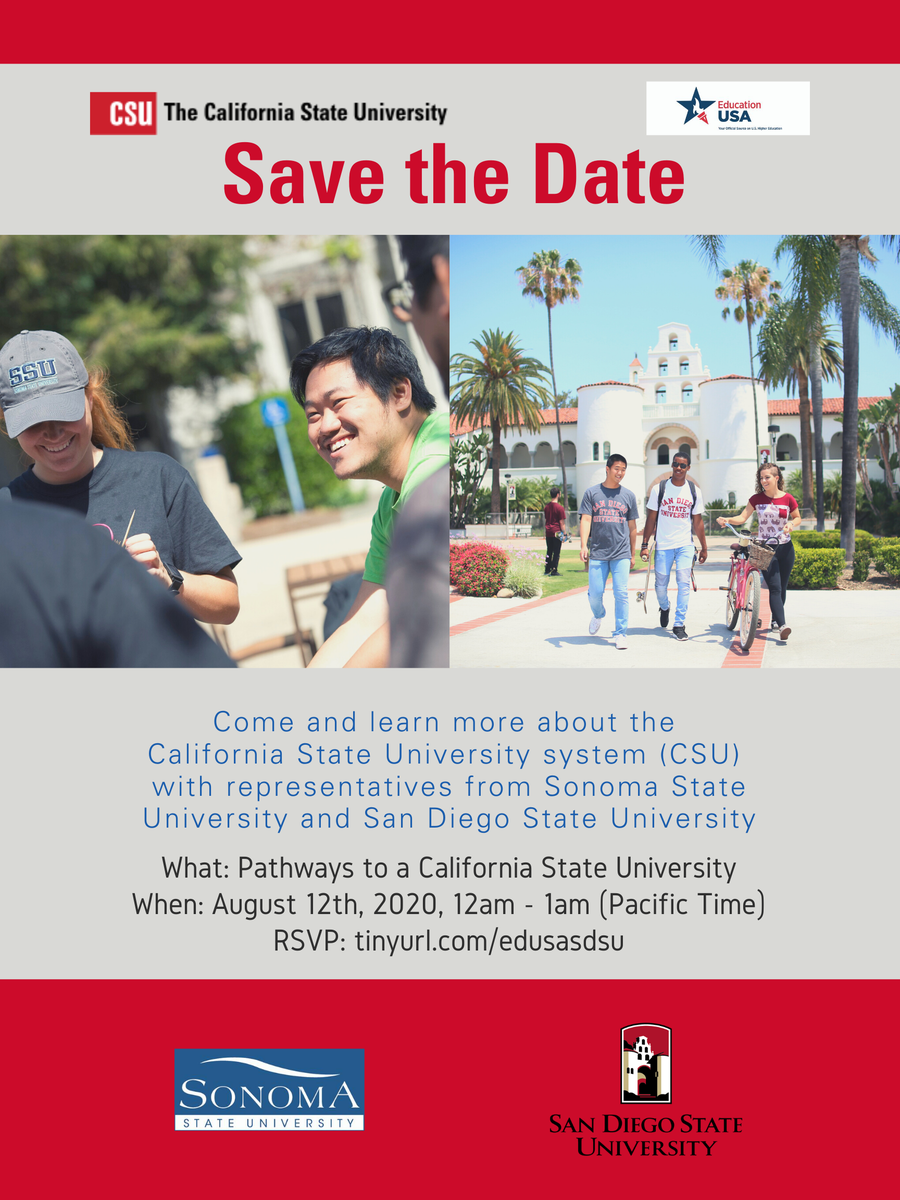 We are hosting this virtual information session with representative from Sonoma State University 
@JBGreen83 on August 12th.

RSVP today! tinyurl.com/edusasdsu

#alisdsu #EDUSAAfrica #CSU #StudyinCalifornia #StudyinSanDiego