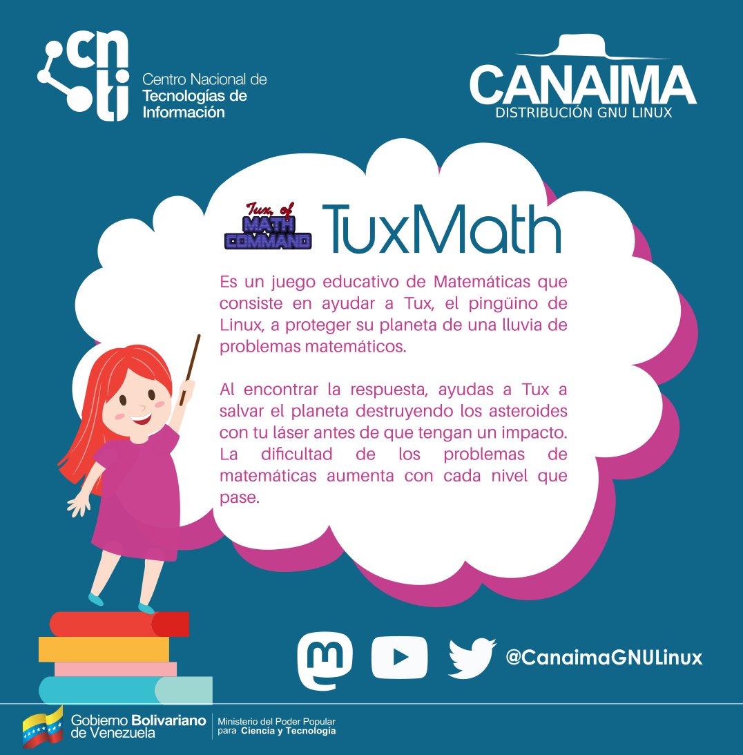 CanaimaGNULinux's tweet image. #TuxMath

Hacer las matemáticas una actividad fácil y divertida ya es posible.

TuxMath es juego educativo donde debes ayudar a la mascota del kernel Linux a salvar su planeta de una lluvia de problemas matemáticos.

¡Qué esperas para probarlo!

#MatemáticasDivertidas