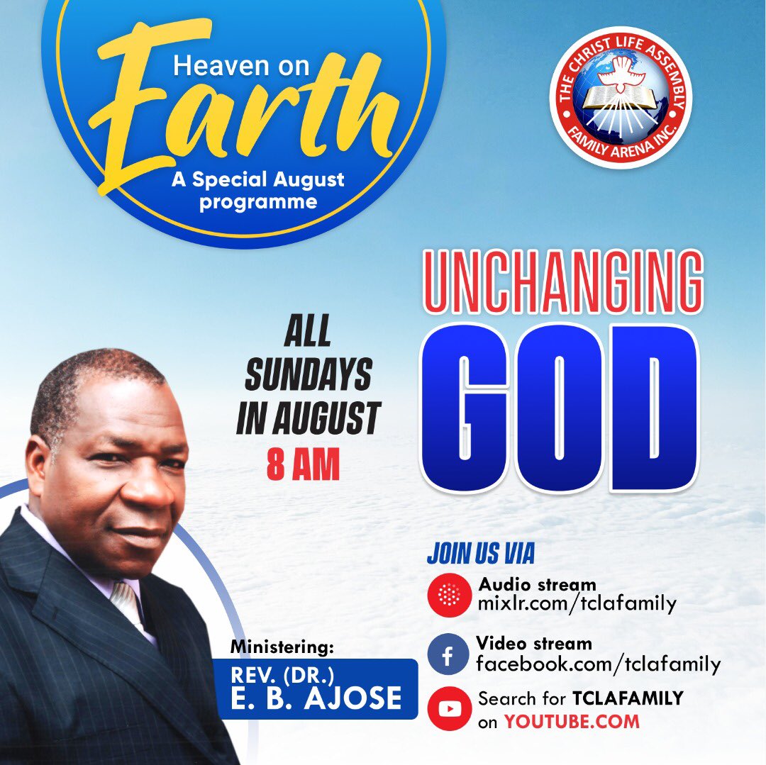 This August, join us ONLINE every Sunday at 8:00am to encounter the UNCHANGING GOD as we celebrate Heaven on Earth. 

Destiny Transformation Testimony Awaits You. 

#TCLAOnline #UnchangingGod #HeavenOnEarth #InHimWasLife #august