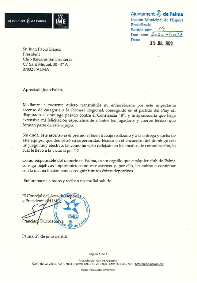📄 Hoy hemos recibido una carta de <a href="/FranciscoDucros/">Francisco Ducrós</a> (<a href="/IMEPalma/">IME Palma</a>) dando la enhorabuena por la consecución del ascenso a la Primera Regional de Mallorca.

¡Muchas gracias! #SeguimosTrabajando