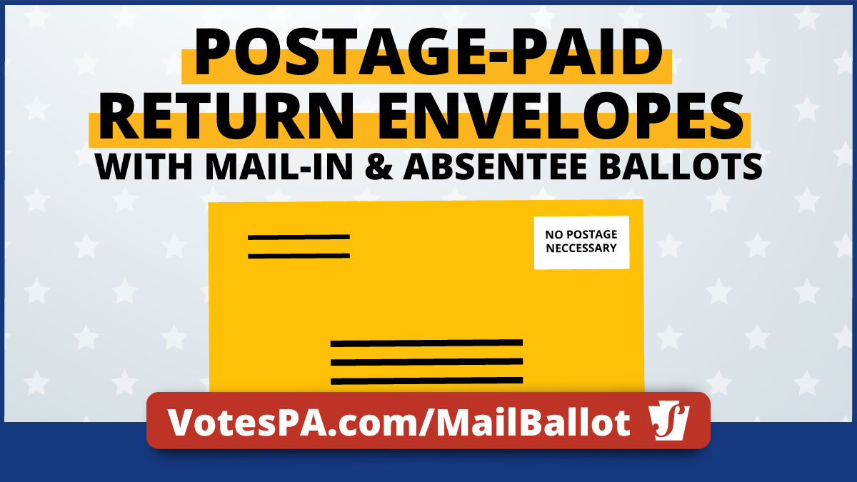 PAStateDept's tweet photo. Secretary Kathy Boockvar announced today that the PA Department of State will provide funding for postage so all eligible voters can return their mail-in and absentee ballots at no cost to the voter for the 2020 general election. https://t.co/xzCSolma9e

#votesPA #ReadyToVotePA https://t.co/B7UqiwfCH2