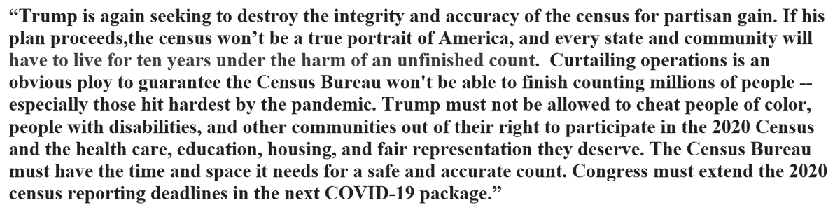 17. In response to  @NPR's reporting,  @vanitaguptaCR of  @civilrightsorg says: "Curtailing operations is an obvious ploy to guarantee the Census Bureau won't be able to finish counting millions of people -- especially those hit hardest by the pandemic."