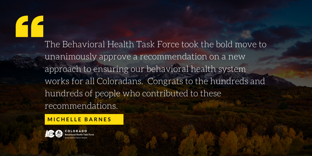 ColoradoBHTF's tweet photo. Executive Director of @CO_CDHS, Michelle Barnes, is proud of the bold recommendations coming out of the task force! https://t.co/zLasuHBVCO