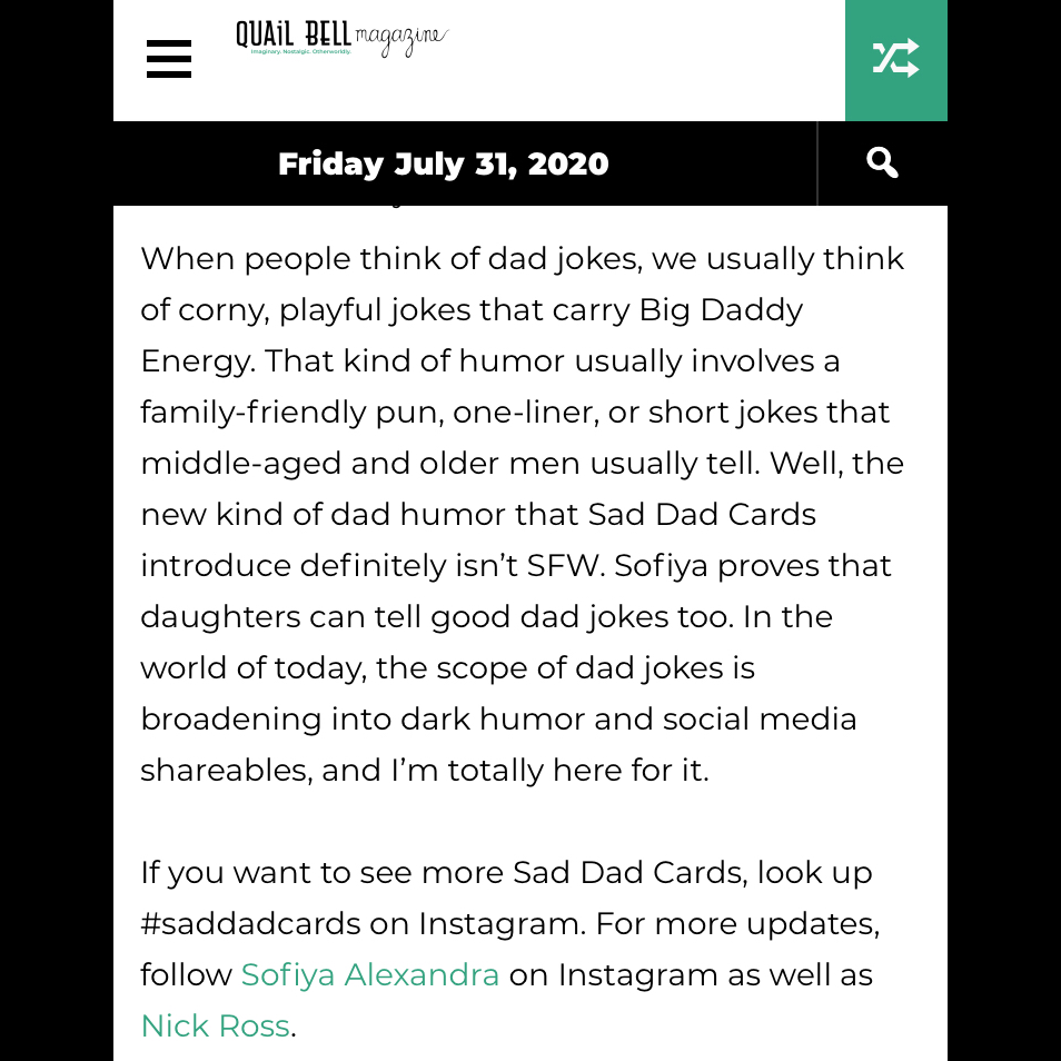 TheSofiya's tweet photo. Thank you @GhiaWasHere &amp; @quailbellmag for featuring my Sad Dad Cards! Snag the entire set off my website https://t.co/Fh4HEjjMVZ

Artwork: @NickBossRoss

#dadless #sad #dad #humor https://t.co/ySNcppe4pZ