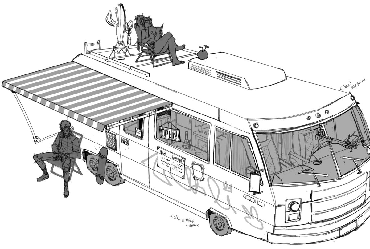 I finally have a more solid sketch of chevy's home/ride (she also has a lot of other cars?) 