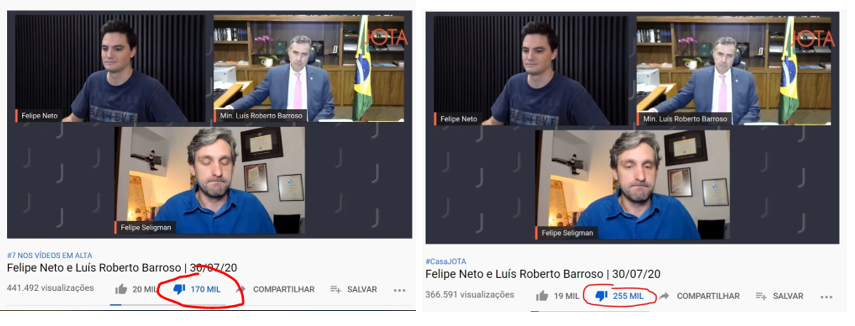 prvmoreira's tweet photo. @Rconstantino o Youtube está apagando os dislikes da live do Felipe Neto e Barroso.

o que peguei agora (esquerda) e de manhã (direita) https://t.co/39AzNkSZuh