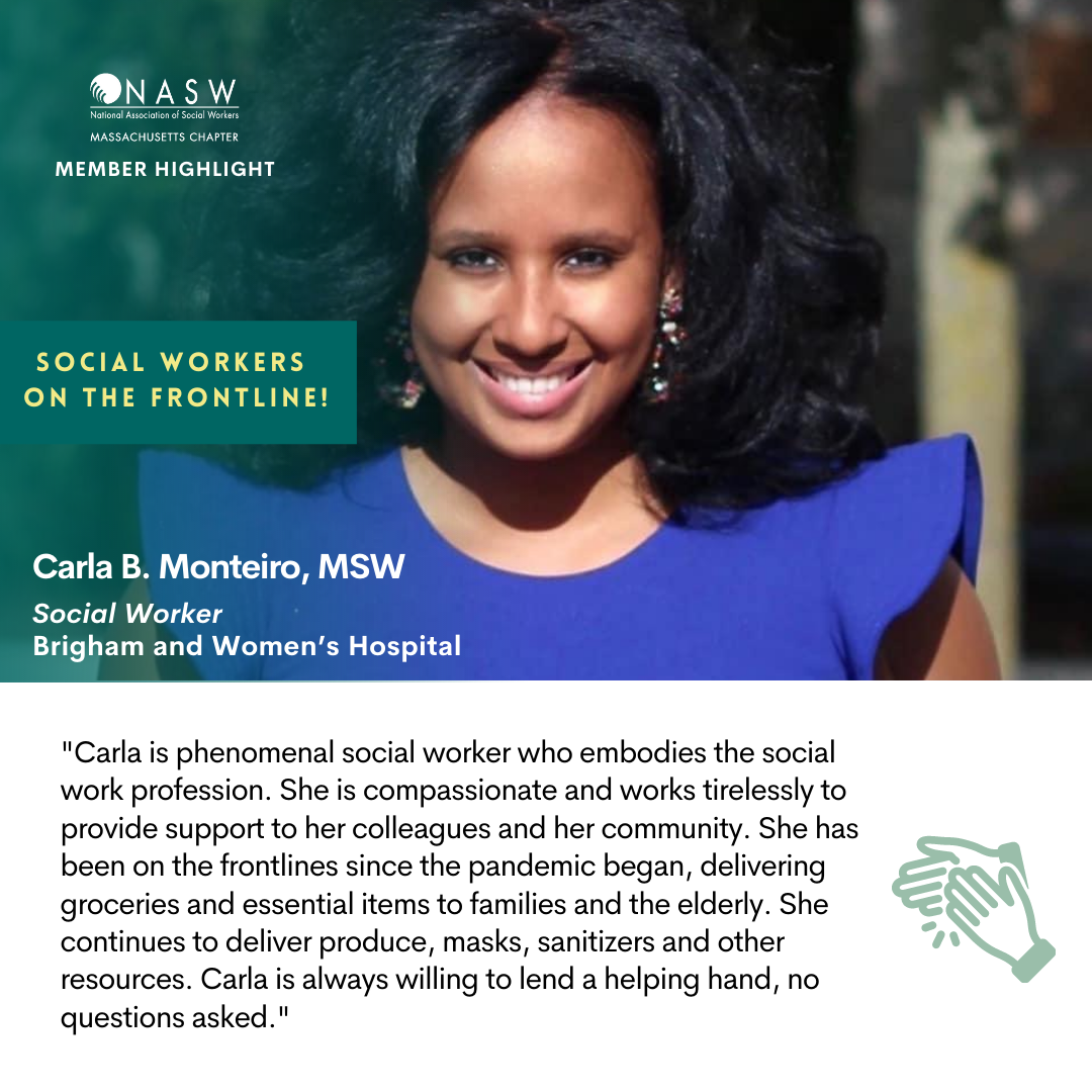NASWMA's tweet photo. Happy Friday! Join us in celebrating our NASW member, Carla B. Monteiro, a social work hero in our communities. NASW-MA thanks you for your commitment and support to those in need during these difficult times. #NASWMA #SocialWork
To nominate an NASW social worker: link in bio https://t.co/1lCN3Uowrx