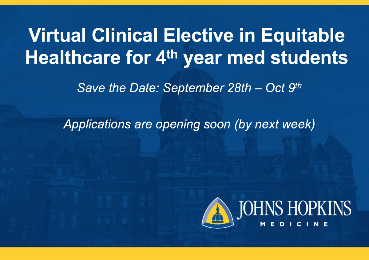 RachelSalasMD's tweet photo. Next week 🎉Virtual Visiting #EquitableHealthcare Clinical Elective applications will be available @HopkinsMedicine  GME-UME initiative. 16 specialties. See eligibility. @JBienstockMD @roberthiggins32 @GoldenSherita @shilkoMD @MGenies1 @jhpedsresidency @HopkinsNeuro https://t.co/onZEfUzeOW