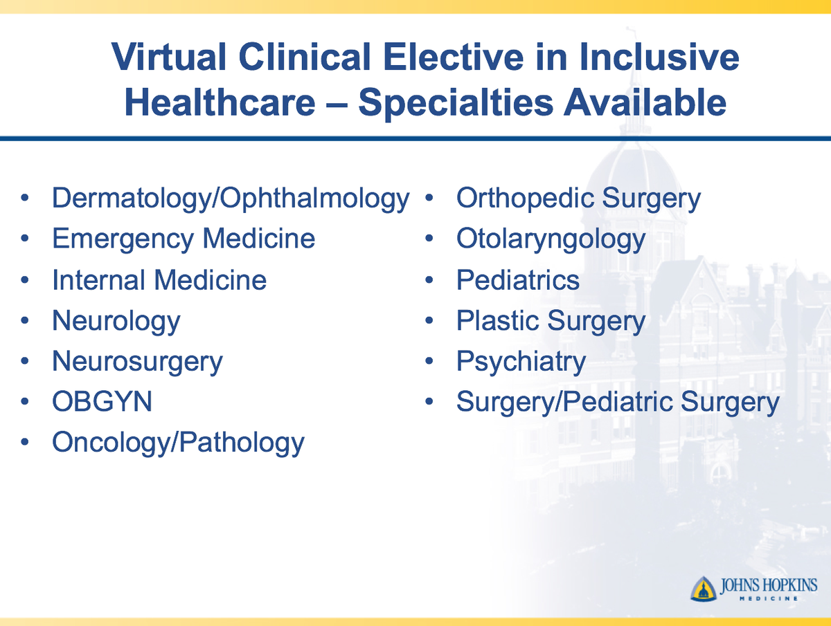 Rachel Salas MD, MEd (@rachelsalasmd) on Twitter photo Next week šVirtual Visiting #EquitableHealthcare Clinical Elective applications will be available <a href="/HopkinsMedicine/">Johns Hopkins Medicine</a> GME-UME initiative. 16 specialties. See eligibility. <a href="/JBienstockMD/">Jessica Bienstock</a> <a href="/roberthiggins32/">Robert Higgins, MD, MSHA</a> @GoldenSherita <a href="/shilkoMD/">Nicole Shilkofski</a> <a href="/MGenies1/">Marquita Genies</a> <a href="/jhpedsresidency/">Johns Hopkins Pediatrics Residency Program</a> <a href="/HopkinsNeuro/">Hopkins Neuroscience</a> Next week šVirtual Visiting #EquitableHealthcare Clinical Elective applications will be available <a href="/HopkinsMedicine/">Johns Hopkins Medicine</a> GME-UME initiative. 16 specialties. See eligibility. <a href="/JBienstockMD/">Jessica Bienstock</a> <a href="/roberthiggins32/">Robert Higgins, MD, MSHA</a> @GoldenSherita <a href="/shilkoMD/">Nicole Shilkofski</a> <a href="/MGenies1/">Marquita Genies</a> <a href="/jhpedsresidency/">Johns Hopkins Pediatrics Residency Program</a> <a href="/HopkinsNeuro/">Hopkins Neuroscience</a>