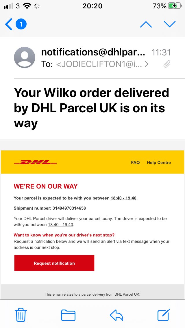  @dhlexpressuk so my delivery was ment to come yesterday but got delayed I now have to orders due to be delivered by yourselves from  @LoveWilko and it’s now 8.30pm will my order be delivered today as your over the time slot or not going to bother