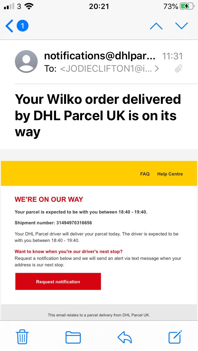  @dhlexpressuk so my delivery was ment to come yesterday but got delayed I now have to orders due to be delivered by yourselves from  @LoveWilko and it’s now 8.30pm will my order be delivered today as your over the time slot or not going to bother