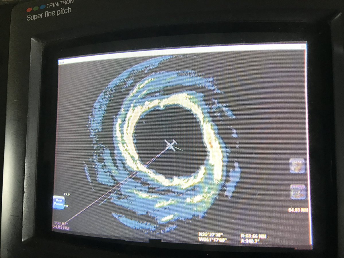 Behind them sits the flight director, our onboard meteorologist, who coordinates between what the scientists want to see and what the pilots will feel is safe. They spend a lot of time looking at our onboard radars. Radar display is from Florence two years ago.
