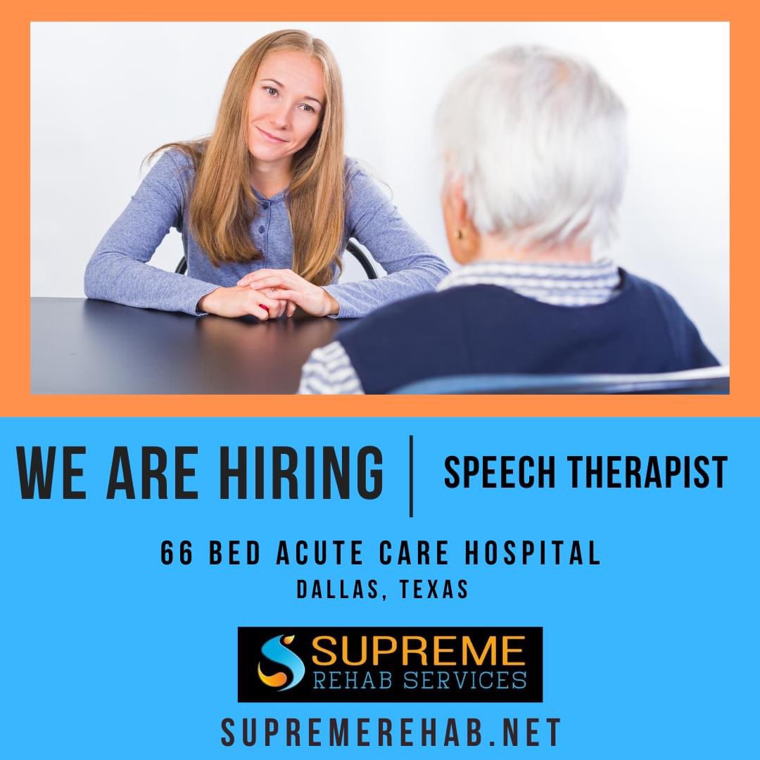 supremerehab's tweet photo. We are looking for an awesome Speech Therapist for 66 Bed Acute Care Hospital. This is an immediate need and can start as soon as the first week of August. If Interested apply at https://t.co/2jIlF6EaYJ

#supremerehab
#speechtherapist
#acutecarehospital https://t.co/iFvV2GBCh7