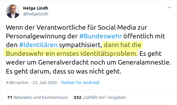 FrankenDemo's tweet photo. Ein "falsches" Like von #MarcelB auf #Instagram und #SPD-Mann #HelgeLindh ist sicher: Die #Bundeswehr hat ein ernstes #Identitätsproblem, weil "so was nicht geht"!

Bei der Personalie Nurhan #Soykan warnt er jedoch vor einer "Kultur des Verdachts", #Kontaktschuld &amp; Bevormundung🤦‍♂️ https://t.co/JAZZKkBuLO