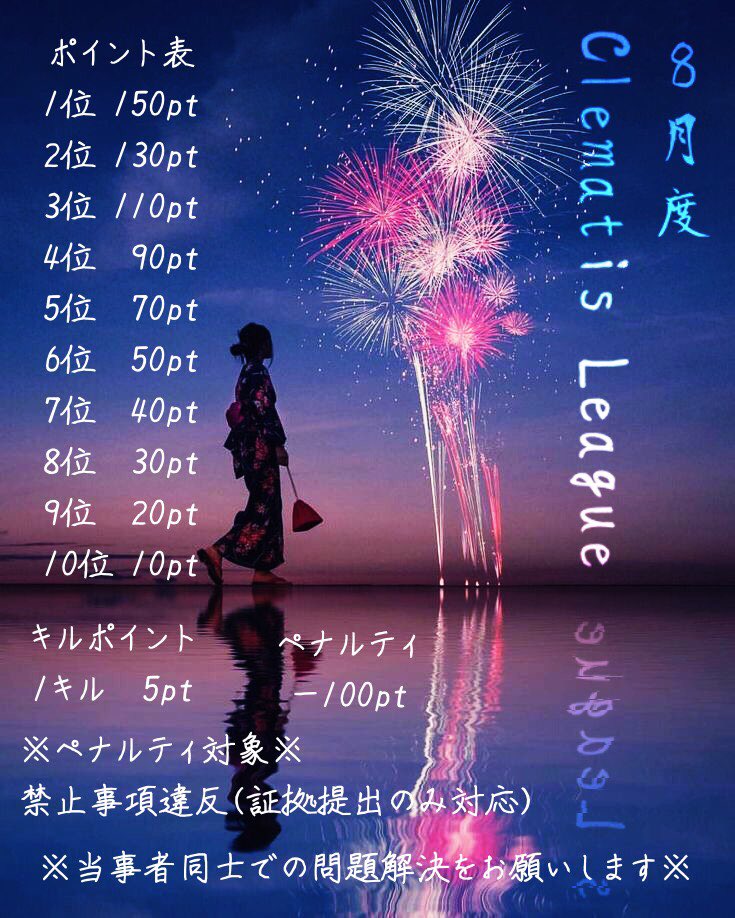 🌿 8月度 ClematisLeague 🌿

⚠️招待制の為身内優先⚠️

残り枠@ 3

詳細をご確認下さい🕊💭
ご応募お待ちしてます🤟

毎週火曜日
8月〖4日、11日、18日、25日〗
毎週ミラティブ配信あり

▼リプにて応募▼
チーム名
代表者ID / @ なし

応募条件
<a href="/CLe_cashy/">🍬cashy🍬</a> 
<a href="/CLe_Niku/">にく🍖</a> 
フォロー＆RT