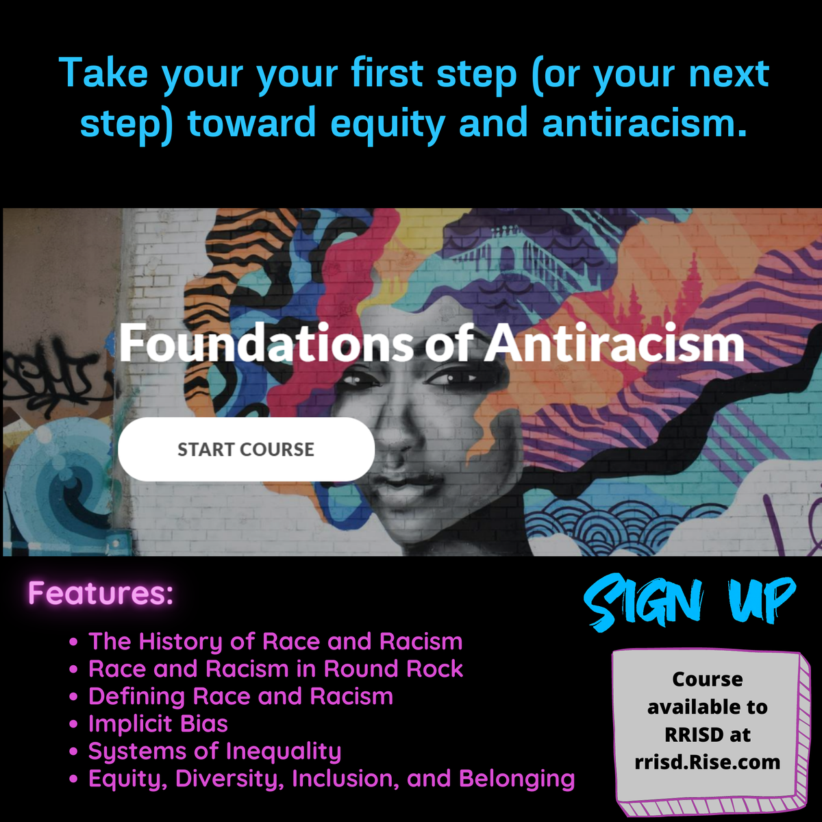 While Equity Now summer virtual learning opportunities wrapped up this week, more are on their way! Launching today on Rise. com, Foundations of Antiracism.  Register in Eduphoria and take your first step (or your next step) toward equity and antiracism. roundrock.schoolobjects.com//wshop/default…