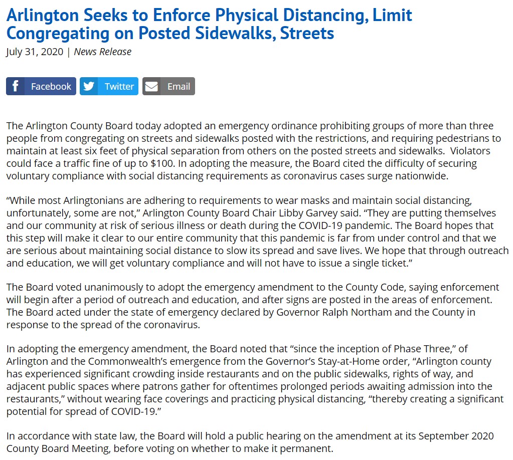 "Arlington Seeks to Enforce Physical Distancing, Limit Congregating on Posted Sidewalks, Streets"what https://newsroom.arlingtonva.us/release/arlington-seeks-to-enforce-physical-distancing-limit-congregating-on-posted-sidewalks-streets/
