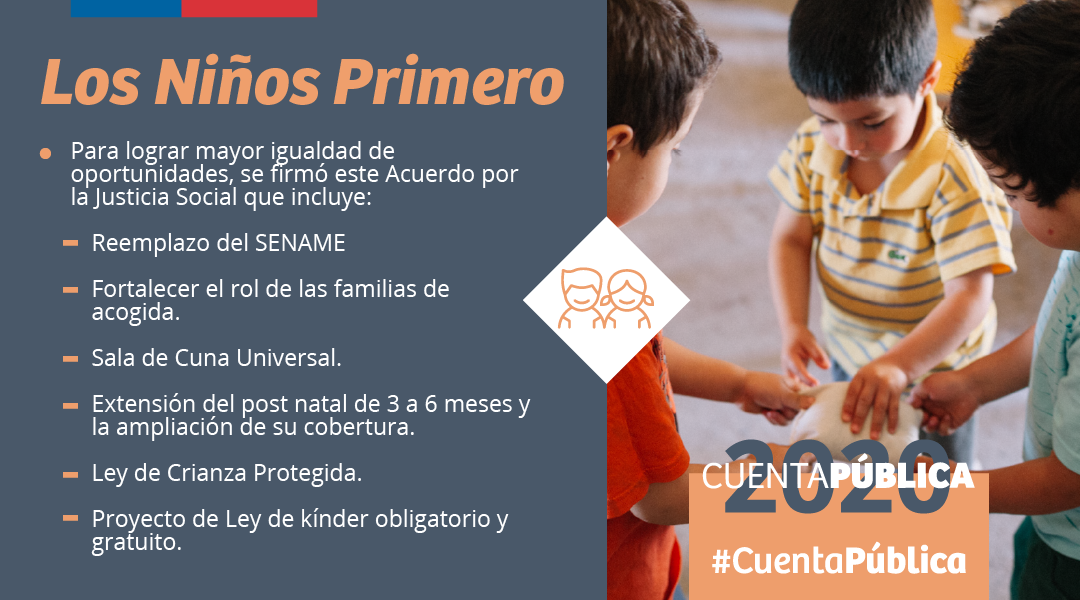 🔸Nuestro Gobierno adoptó un compromiso moral de poner a los niños primero en la fila. Es por esto que se firmó un Acuerdo por la Justicia Social, que incluye el reemplazo del Sename, fortalecer el rol de las familias de acogida y más. #CuentaPública