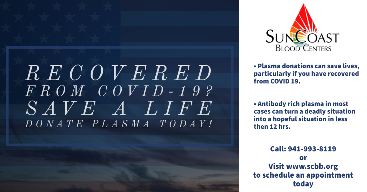 Just got off the phone with the White House on a briefing regarding COVID-19 &amp; Convalescent Plasma Treatments. This Plasma contains the life-saving antibodies used to fight COVID-19.
Call 941-993-8119 or Visit scbb.org to Schedule your donation and save a life!