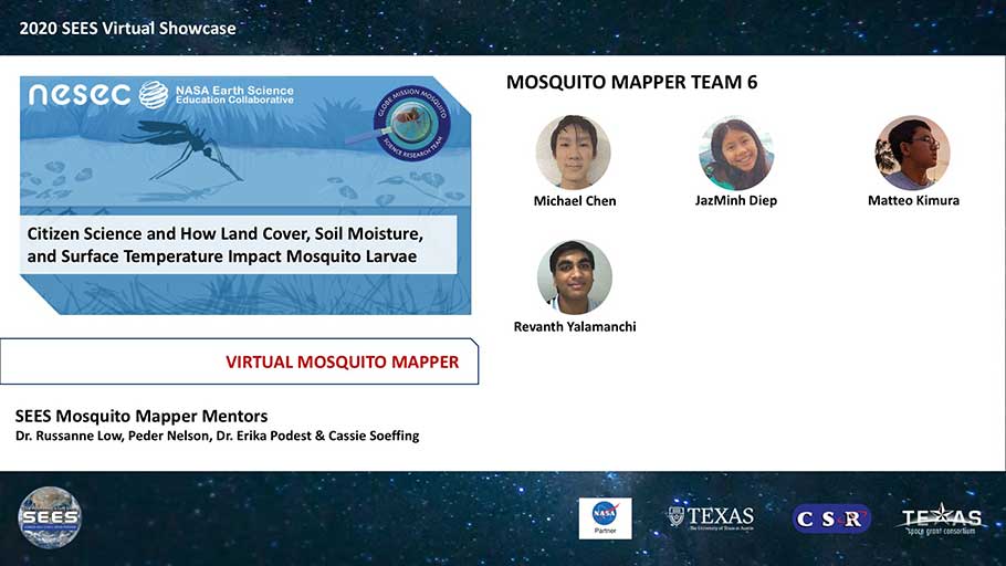 TexasSpaceGrant's tweet photo. Next presentation is by Mosquito Mapper Team 6. Watch their 2020 NASA SEES Virtual Showcase presentation livestream at: https://t.co/PVSqmmPb2J #SEESIntern 
@GLOBEProgram https://t.co/36rjzAuGxp