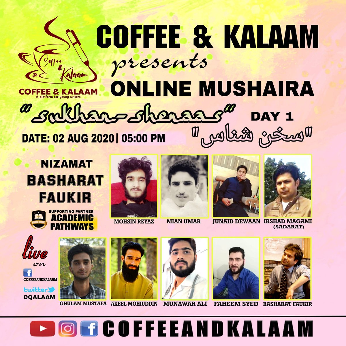 COFFEEANDKALAAM's tweet photo. Will see you all on 02 AUG 2020 at 05:00 PM.
Don't Miss it.
#poetry #coffeeandkalaam 
@KashmirLife @GreaterKashmir @RisingKashmir @TheKashmiriyat 
@Bhatakeel @Rekhta @JashneRekhta @kashmirobserver @Kashmir_Monitor https://t.co/0EKLkGR2cC