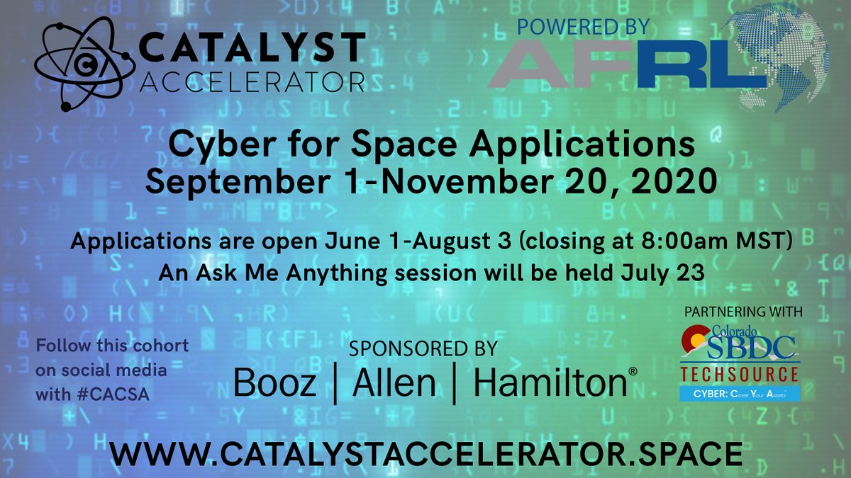 CatalystAcceler's tweet image. The applications close for Cyber for Space Applications on Monday morning at 8:00am MST. Don&apos;t miss this opportunity to further develop your business and make connections with the DoD! Apply today! #CatalystAccelerator #CyberforSpaceApplications #CACSA
catalystaccelerator.space/cyber-for-spac…