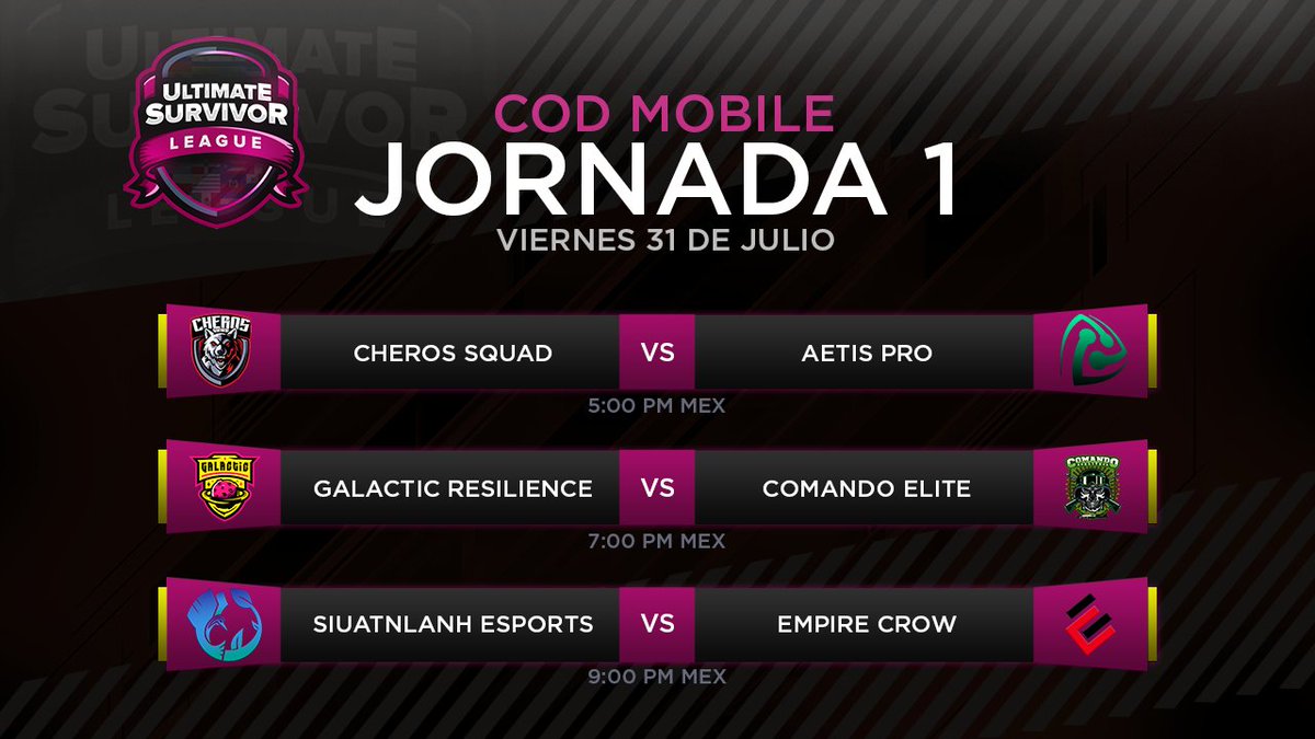 #USLCODMobile

Continuamos con los partidos de la jornada 1 del grupo B:

• 5:00pm 🇲🇽 <a href="/CherosGaming_/">Cheros Gaming</a> vs <a href="/aetis_pro/">ÆTiS.PRO</a>

• 7:00pm 🇲🇽 @Gal_eSports Resilience vs <a href="/ComandoElite_/">CømandøÉlite</a> 

• 9:00pm 🇲🇽 <a href="/SiuatlanH/">SiuatlanH Esports</a> vs <a href="/EmpireCrownEc/">Empire Crown</a>