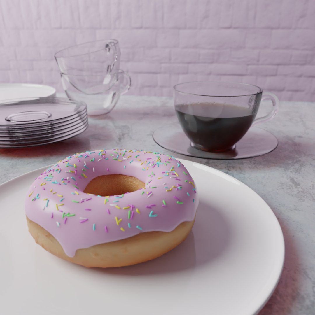 Moonasaur's tweet photo. I made this donut in Blender by following BlenderGuru's donut tutorial a few months ago, while preparing to start going to school to learn 3D visualization. The course was cancelled a few months in due to Covid, but at least I have a donut. Also, making stuff in 3D is pretty fun! https://t.co/srmRpbtS5U