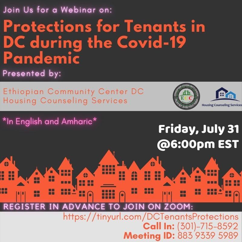dc_ethiopian's tweet photo. The Ethiopian Community Center and Housing Counseling Services will be hosting a webinar today on Protections for Tenants in DC during the Covid-19 Pandemic. The webinar will be held in English and interpreted live in Amharic. https://t.co/KXgwOzAVe9