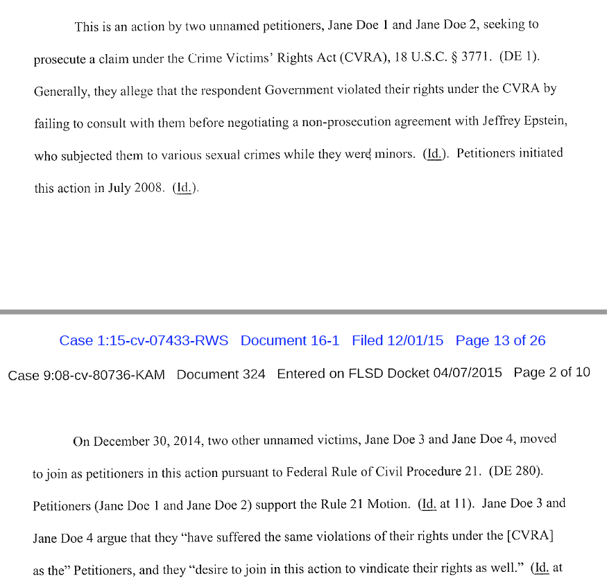 Defamation case started because Maxwell hired an outside PR agency to sully Virginia's name/reputation. The first 70 pages are a description of the defamation case and a rebuttal/dismissal request from the defense. On page 71 we start to get into the CVRA case against the USGov