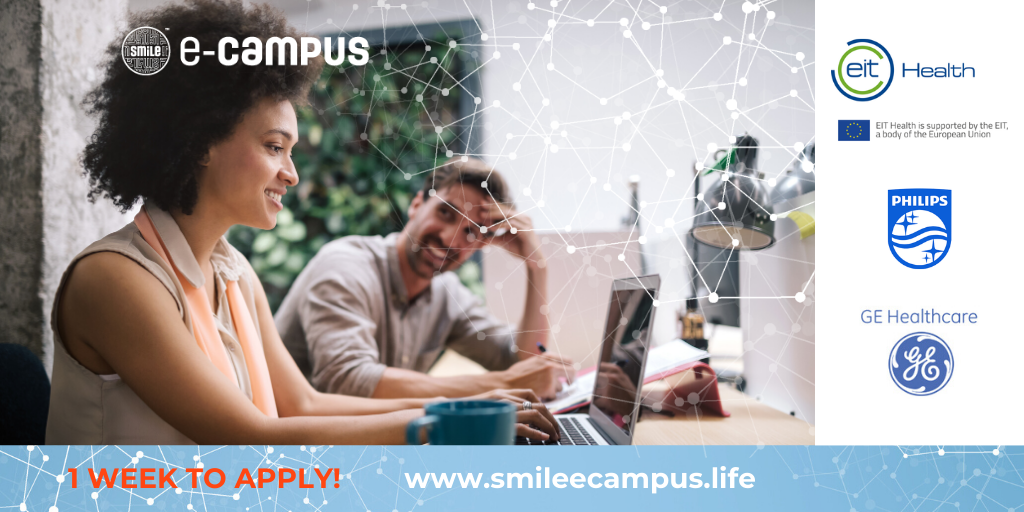 SmileIncubator's tweet photo. 1 Week left to apply for SmiLe e-Campus, the 8-week distance program held by SmiLe Incubator in partnership with EIT Health, GE Healthcare, and Philips! Apply here 🔗 https://t.co/gga85WUnQF  before the 7th of August or share with your network.⠀ https://t.co/kfLxzMNLmm