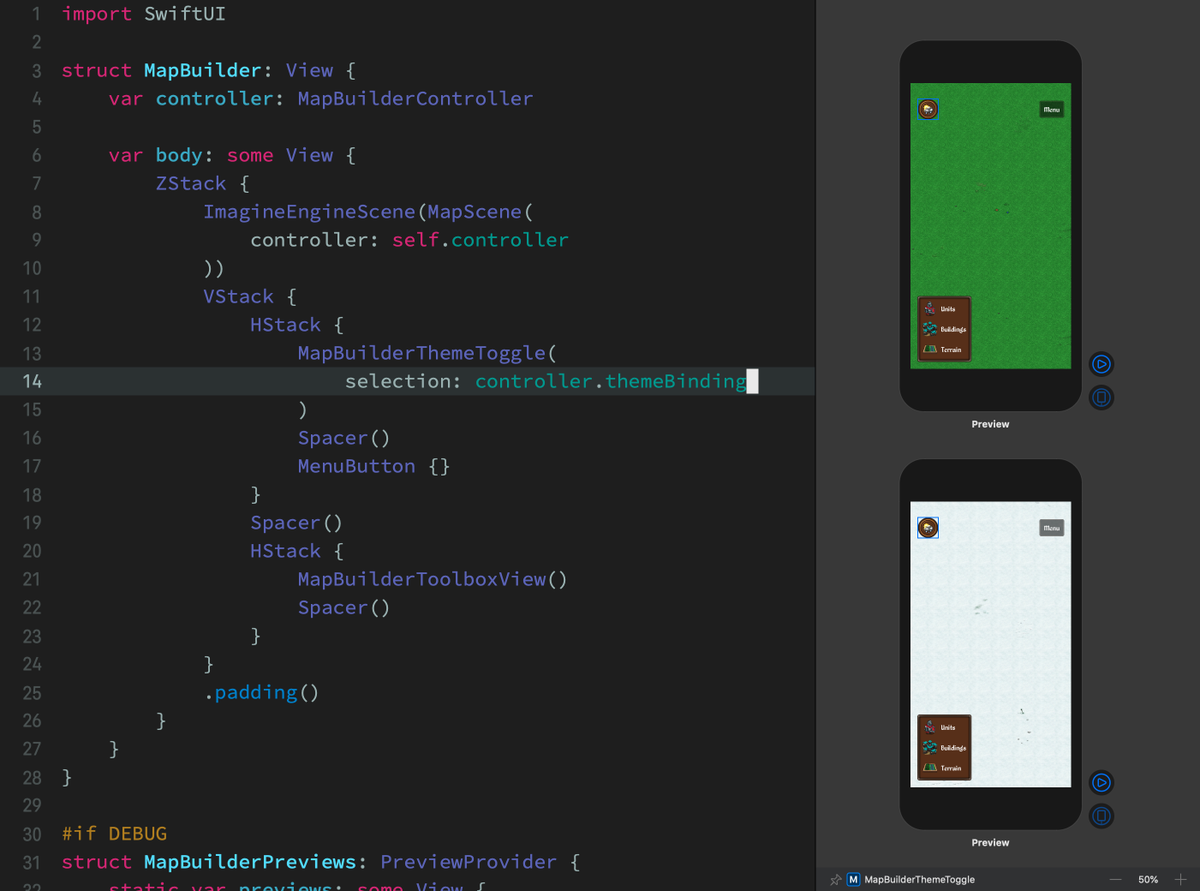 johnsundell's tweet photo. Tonight: Game development using SwiftUI, Imagine Engine, and Xcode Previews - I'm having so much fun!  😀 Being able to quickly iterate and instantly preview what the game looks like in multiple states is, pardon the pun, a game changer 😅 https://t.co/zQxyWZmqyt