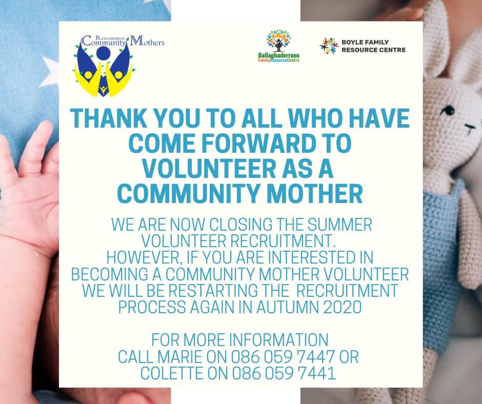 Frcboyle's tweet photo. We have recruited some fantastic volunteers for the Community Mothers Roscommon Programme and are really excited about starting training and getting out there and meeting families! There will be another recruitment in the autumn. #supportingfamilyirl #communityresponseirl https://t.co/5zFQYSGegB