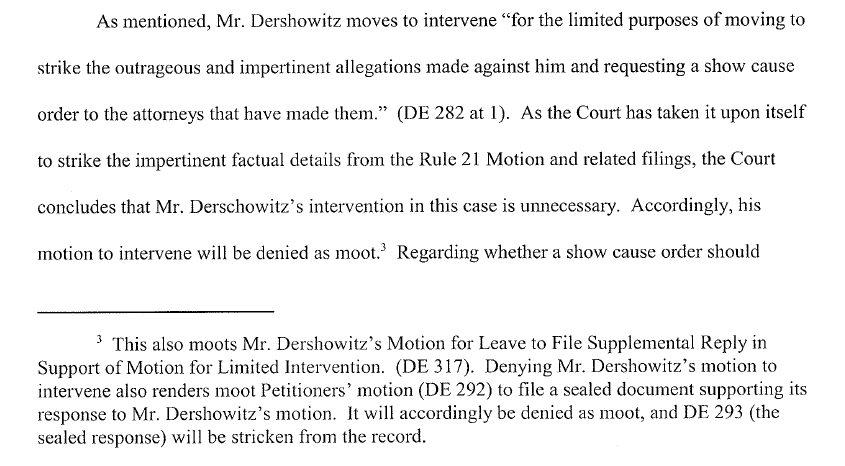 Virginia and another party attempted to join the CVRA case and their petitions had "lurid details" which were struck from the record in Palm Beach. Dershowitz was involved and had separate request to strike, very likely attempting to stay ahead of the game even back then.