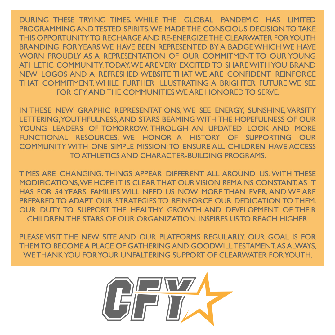 Today is the day! Introducing our new CFY branding, including updated logos and a fully refreshed website. 
Visit the site at clearwaterforyouth.org and take a look around. Looking forward to continuing our work with our brand new look!!!
#theWHYofCFY