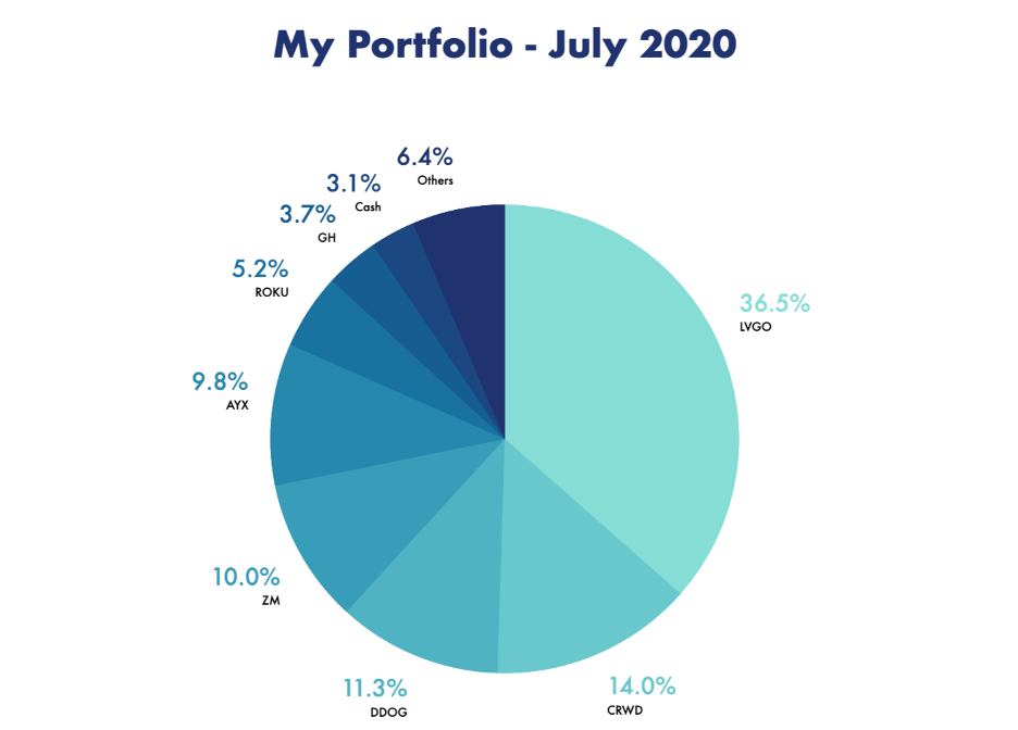 My portfolio as of Jul 31, 2020: $LVGO – 36.5% $CRWD – 14.0% $DDOG – 11.3% $ZM – 10.0% $AYX – 9.8% $ROKU – 5.2% $GH – 3.7% $API – 2.5% $FSLY – 2.1%Chainlink – 1.2% $WORK – 0.6%Cash – 3.1%Performance: +167.7% YTD