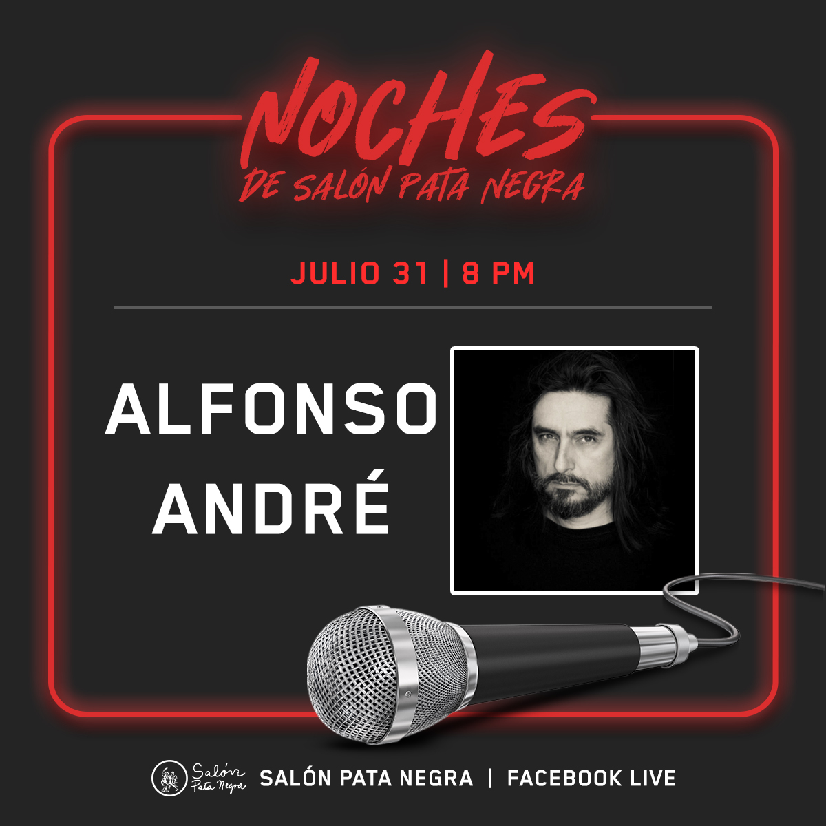#NochesDeSalónPataNegra
Nuestro artista invitado es, <a href="/AlfonsoAndre/">Alfonso André</a>, músico, reconocido baterista y percusionista mexicano, catalogado como uno de los mejores. Ha sido invitado, integrante y colaborador de grandes grupos como: Caifanes, Jaguares, La Cuca entre otras más.