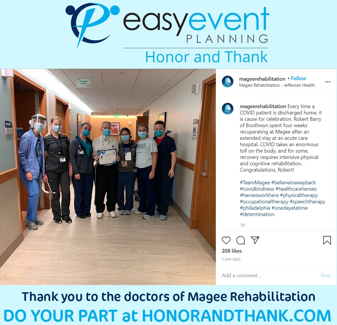 Doctors and nurses at Magee Rehabilitation Center are working endlessly to discharge their COVID patients, and they love to celebrate when they do.🎉Thank your local heroes for their hard work at HonorAndThank.com! #MageeRehabilitation #HealthCareHeroes #COVID19 #TeamMagee