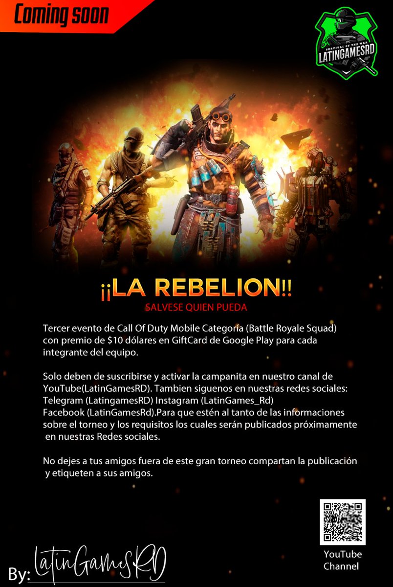 ❗CHICOS TENEMOS TORNEO MAÑANA ❗
Quieres PARTICIPAR ❓TORNEO LA REBELIÓN
(BR POR ESCUADRAS) 🎁PREMIOS 10USD GIFTCARD 

📌SEGUIR el CANAL DEL ORGANIZADOR⬇️
youtube.com/c/JPGameplays1…

📌ENTRA al LINK del ORGANIZADOR Y SUSCRIBETE 👈🏼
latingamesrd2128.wixsite.com/torneo-larebel…

facebook.com/FoXMcYt/