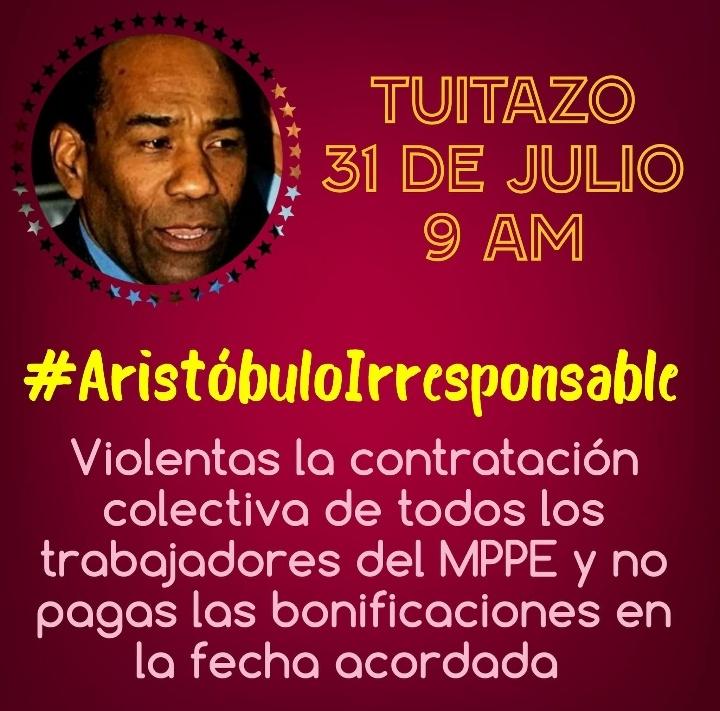 estendenciavzl's tweet photo. #AristobuloIrresponsable es tendencia por personas que trabajan en el área de la educación, reclamando a @psuvaristobulo el pago de los diferentes beneficios que por ley les corresponden y denunciando que el sueldo no les alcanza para nada https://t.co/c6PQvU6yhy