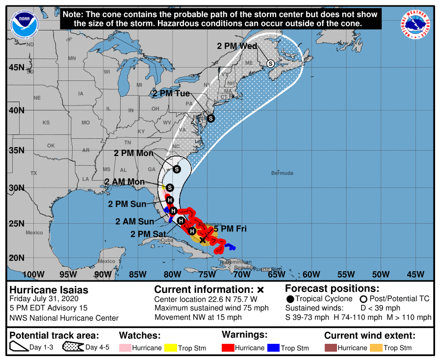 #Isaias update thread (1 of 4):
Hurricane conditions are expected along portions of the Florida east coast late Saturday and Saturday night, and a Hurricane Warning has been issued. Preparations to protect life and property should be rushed to completion.