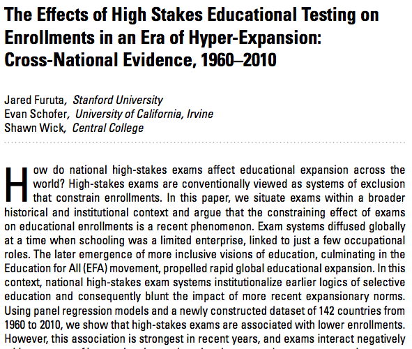 SF_Journal's tweet photo. "Exams constrain enrollments in recent years, in part by rendering nations less responsive to global expansionary pressures." - From advance article by @jared_furuta of @StanfordSoc Schofer of @ucisocsci and Wick of @CentralCollege https://t.co/8hBYQdO1hF https://t.co/9qUsQFW5qu