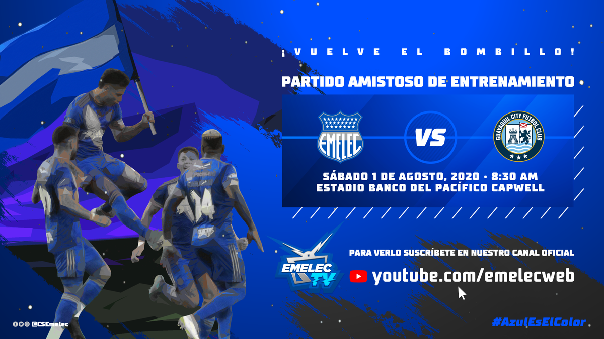 CSEmelec's tweet photo. ¡Mañana vuelve el fútbol a la Caldera! ⚽🏟️ Emelec se enfrentará a @GuayaquilCityFC en un amistoso de entrenamiento. Los #AzulesEnCasa podrán verlo suscribiéndose a nuestro canal de Youtube. 

Suscríbete en este link ➡️ https://t.co/o0AkSyX6Kg

#AzulEsElColor #DelBombilloSoy 🔵⚡️ https://t.co/nqNtjcyHgc