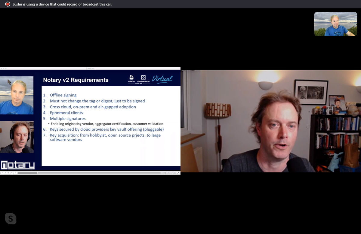 SteveLasker's tweet photo. Just finished our recording for #KubeCon 2020 eu with @justincormack, discussing #NotaryV2 working session - we'll share what we've been working on...
We'll be online for Q&A, so we hope to see you August 19 https://t.co/Nveb6YP0wC https://t.co/sRc187Xn4J