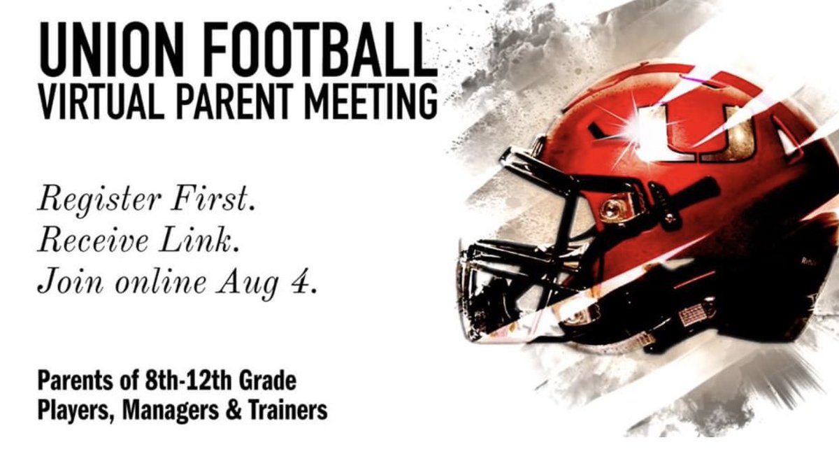 Parents of all 8th-12th Grade #UnionFB Players, Trainers &amp; Managers please register to receive the link to the virtual parent meeting being held Tuesday, Aug 4th 7:30PM.

REGISTER NOW to receive the meeting invite &amp; link to join here: 

zoom.us/meeting/regist…